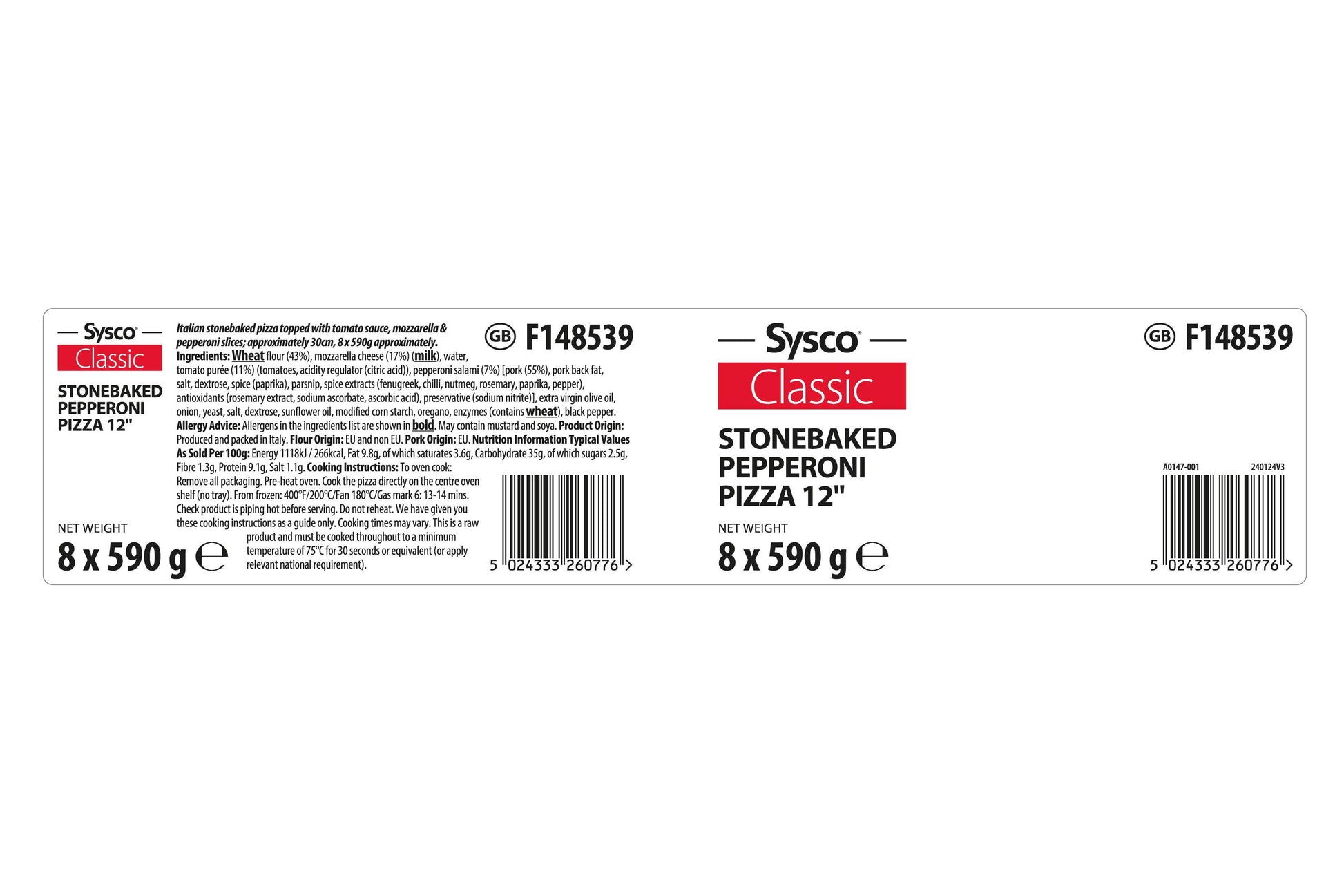 Sysco Classic Stonebaked Pepperoni Pizza 12" 1 x 8 Ready Meals Asetena Pa 