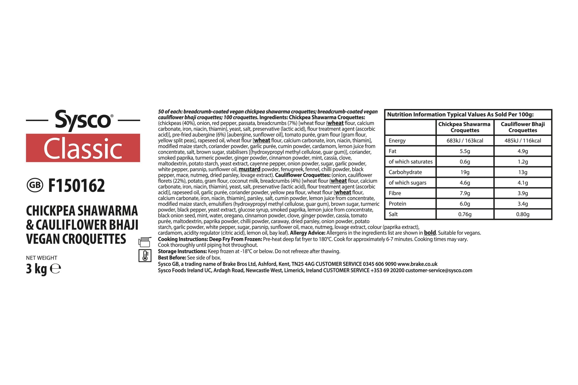 Sysco Classic Chickpea Shawarma & Cauliflower Bhaji Vegan Croquettes 2 x 50 Ready Meals Asetena Pa 