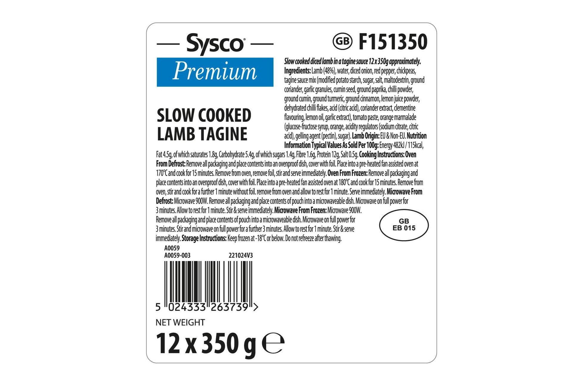 Sysco Premium Slow Cooked Lamb Tagine 12 x 350g Ready Meals Asetena Pa 