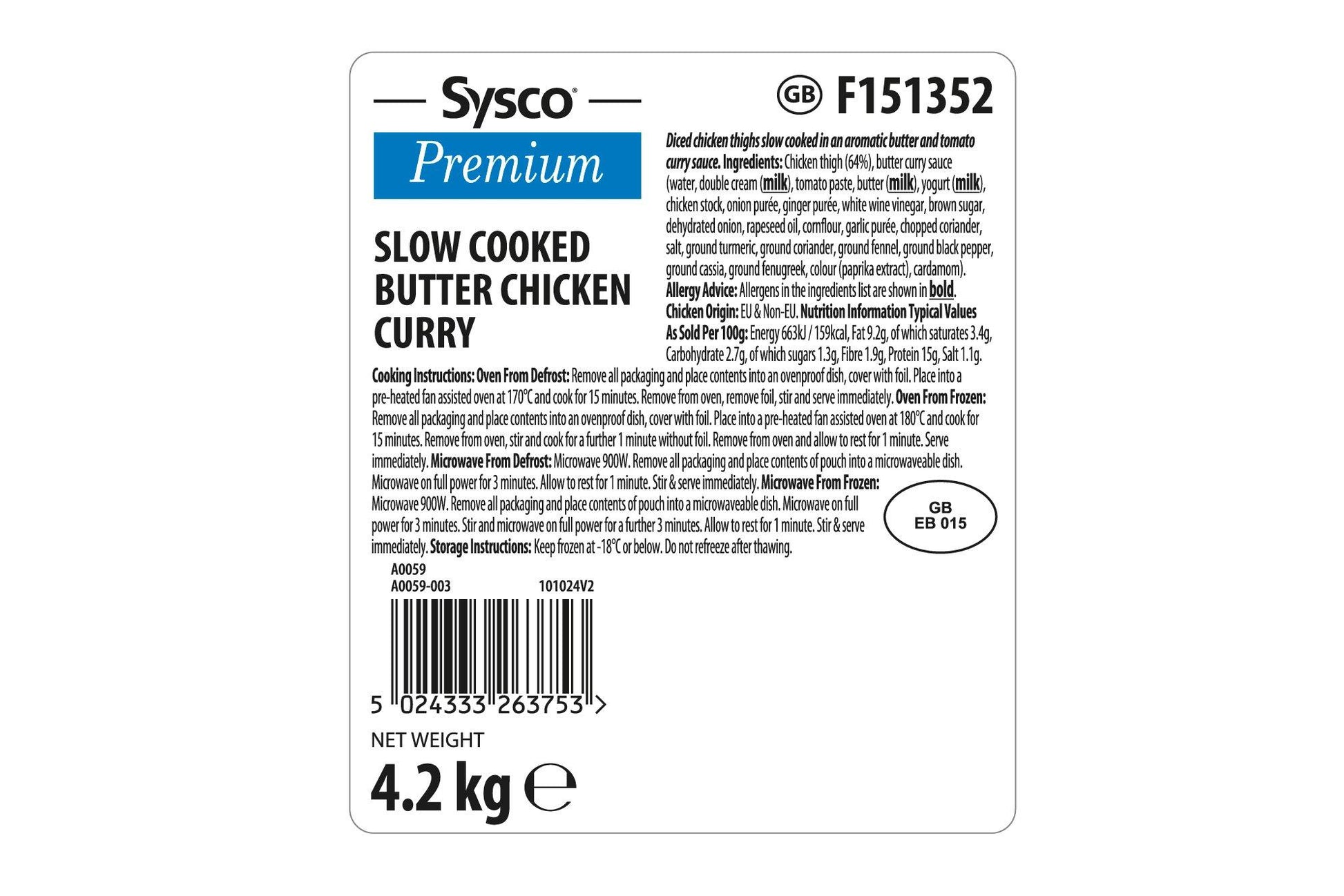 Sysco Premium Slow Cooked Butter Chicken Curry 12 x 350g Ready Meals Asetena Pa 