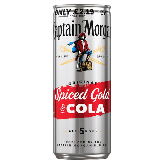 Captain Morgan Original Spiced Gold & Cola 5% vol 250ml PMP £2.19 Ready to Drink Premix Can   250ml × 12 × 1