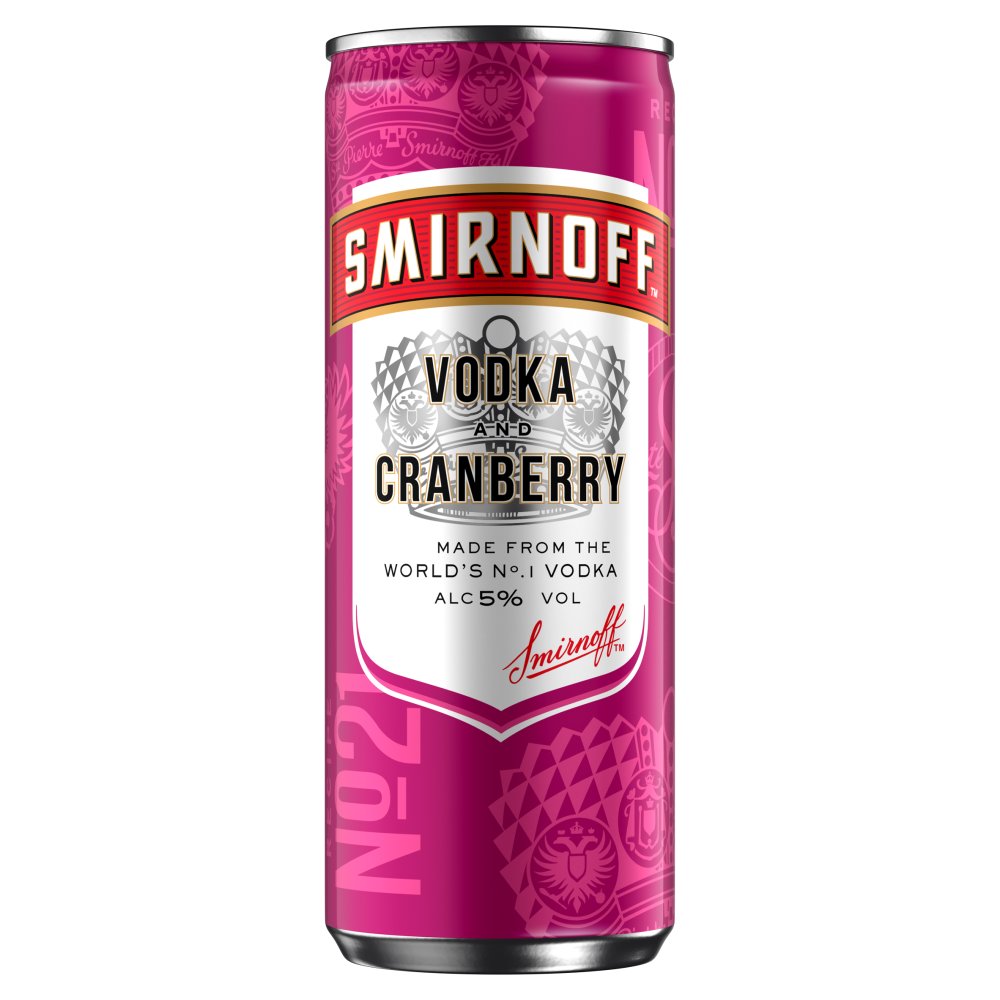 Smirnoff No.21 Vodka and Cranberry 5% vol Ready to Drink Premix 250ml Can   250ml × 12 × 1