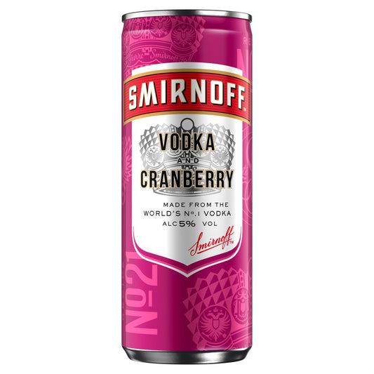 Smirnoff No.21 Vodka and Cranberry 5% vol Ready to Drink Premix 250ml Can   250ml × 12 × 1