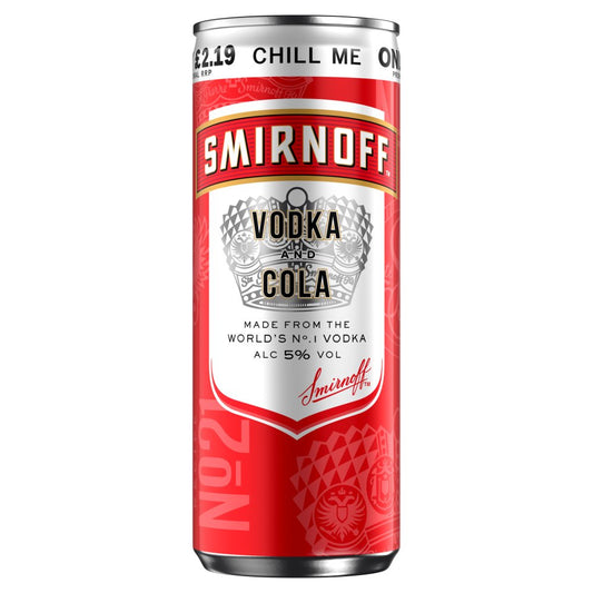 Smirnoff No.21 Vodka and Cola 5% vol Ready to Drink Premix 250ml Can PMP £2.19   250ml × 12 × 1