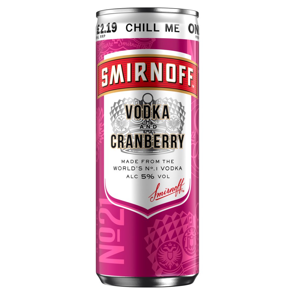 Smirnoff No.21 Vodka and Cranberry 5% vol Ready to Drink Premix 250ml Can PMP £2.19   250ml × 12 × 1