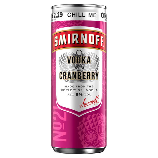 Smirnoff No.21 Vodka and Cranberry 5% vol Ready to Drink Premix 250ml Can PMP £2.19   250ml × 12 × 1