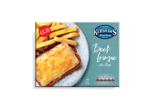 Kershaws Beef Lasagne UNIT 6x400g . Packed 2 units to a case.Unit Weight: 2.52 Kilos.