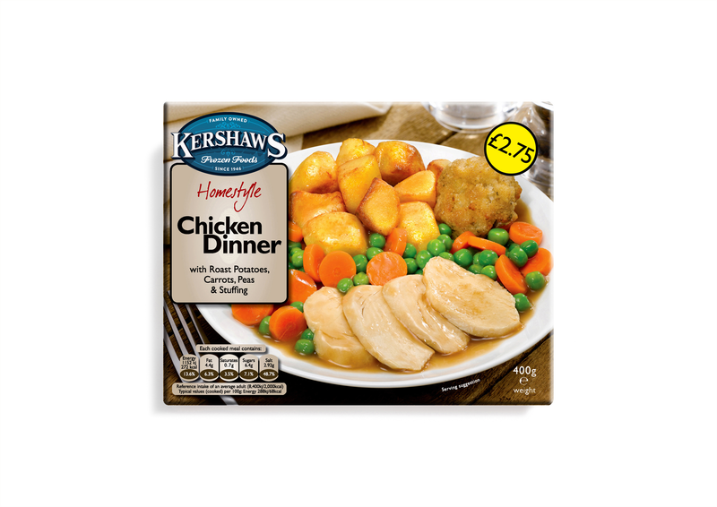 Kershaws Chicken Dinner UNIT 6x400g . Packed 2 units to a case.Unit Weight: 2.52 Kilos.