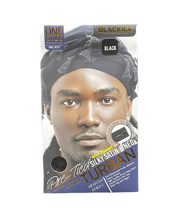 BLACKICE PROFESSIONAL PRE TIED SILKY SATIN LINED TURBAN  Color Black Durags and Caps Asetena Pa 