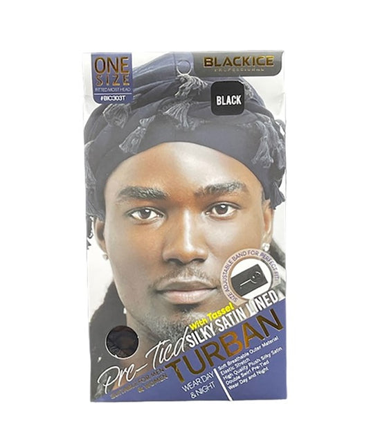 BLACKICE PROFESSIONAL PRE TIED SILKY SATIN LINED TURBAN  Color Black Durags and Caps Asetena Pa 