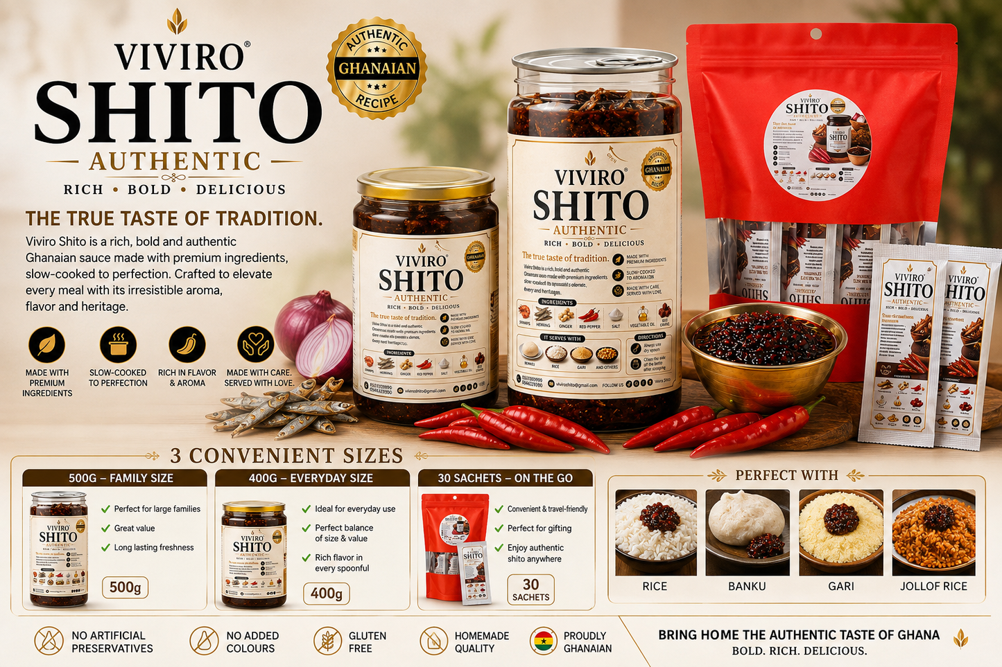 Viviro Authentic Ghanaian Shito (Homemade Hot Pepper Sauce) – Rich, Bold & Delicious Traditional Ghanaian Chilli Relish – 500g / 400g / 30 Sachets