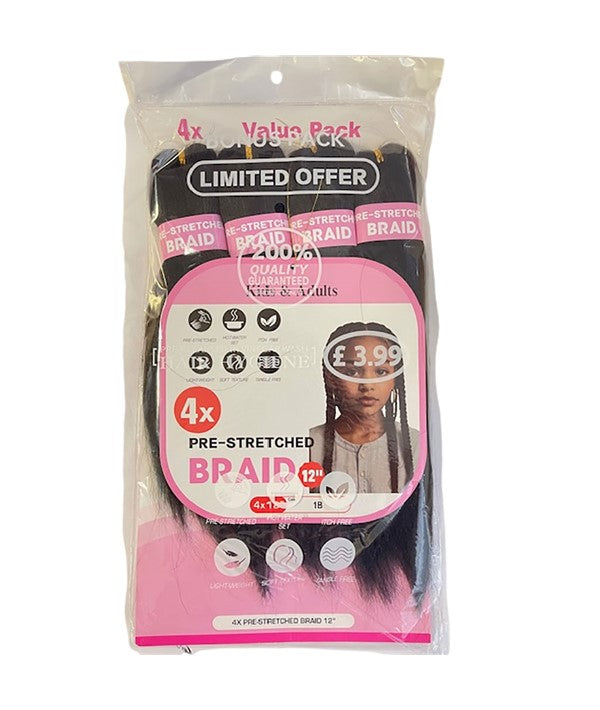 KIDS AND ADULTS 4X PRE STRETCHED BRAID 4 x 12'' Color 1 Hair for Braid Extensions Asetena Pa 