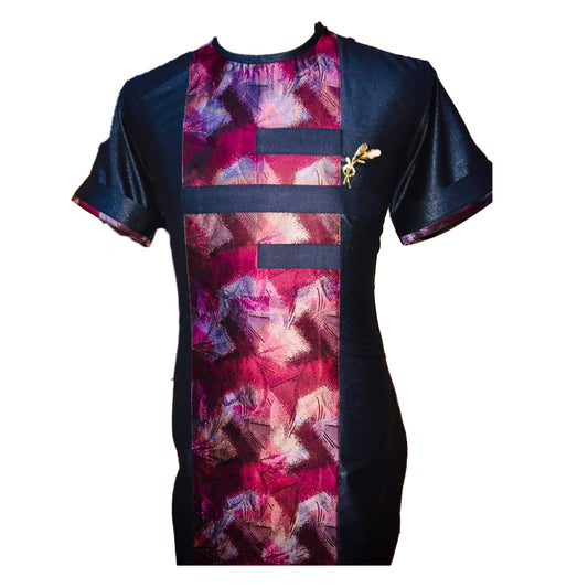 African Traditional Wear Men's Navy Red Magenta Multicolor Print Short Sleeve Top Shirt