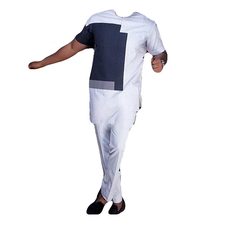 African Wear Men's Clothing Outfit Two Piece Set Black and White Short Sleeve Top Shirt with Matching Trouser