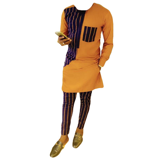African Wear Men's Clothing Two Piece set Casual Orange Black Striped Long Sleeve Top Shirt with Trouser