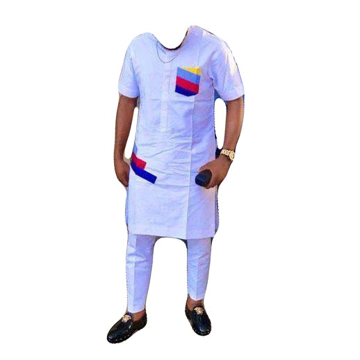 African Wear Men's Long Sleeve Two Piece Set Cloudy Blue Top Shirt With Matching Trouser