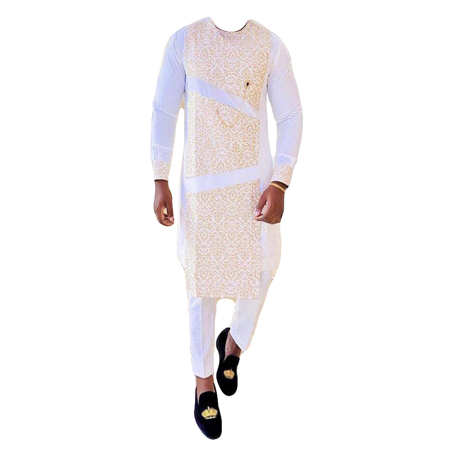 African Wear Men's Long Sleeve Printed Rose Gold Over White Two Piece Set Top Shirt With Matching Trouser