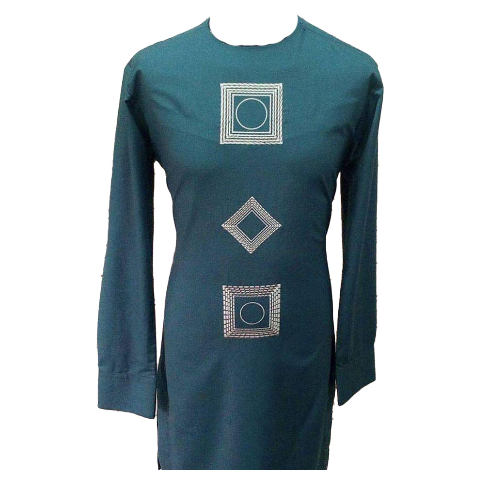 African Wear Men's Clothing Long Sleeve Solid Metallic Blue Square Printed Top Shirt