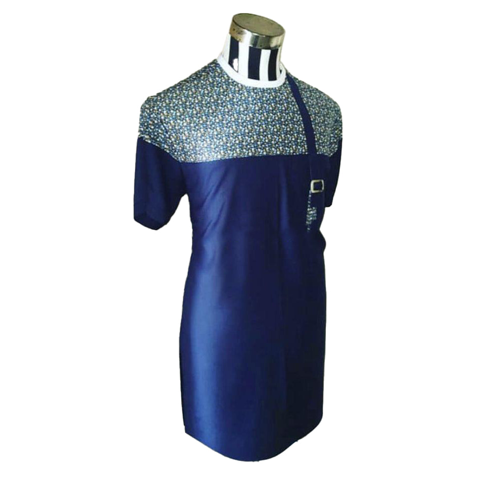 African Men's Wear Outfits Short Sleeve Navy Blue Tops Shirt