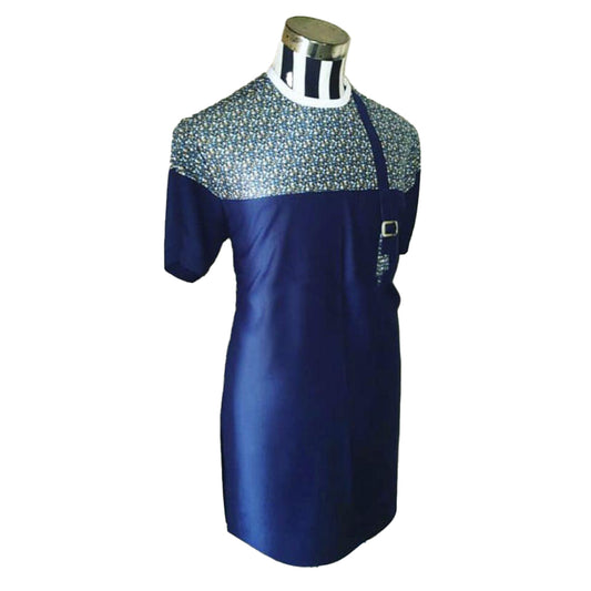 African Men's Wear Outfits Short Sleeve Navy Blue Tops Shirt