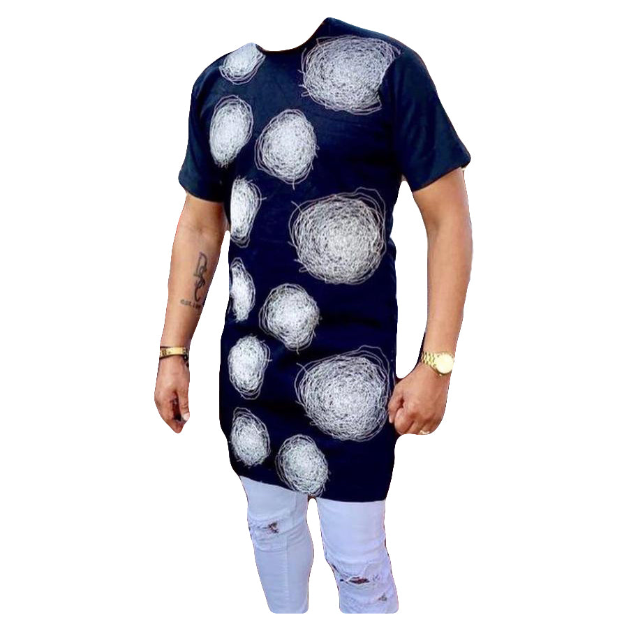 African Men's Clothing Short Sleeve Two Piece Set Printed Nevy & White Top Shirt With Trouser