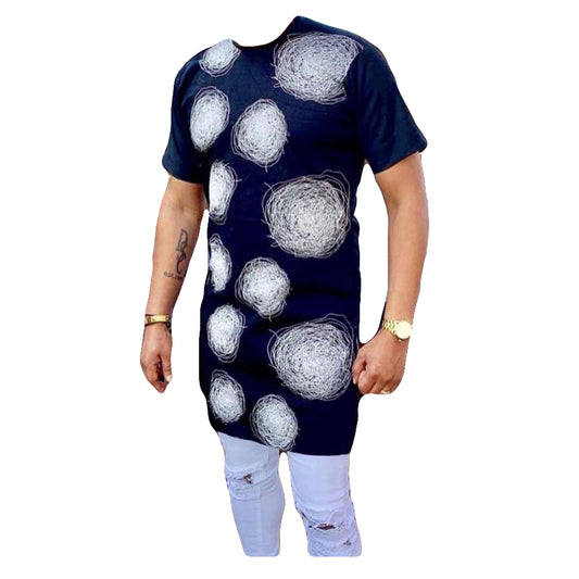 African Men's Clothing Short Sleeve Two Piece Set Printed Nevy & White Top Shirt With Trouser