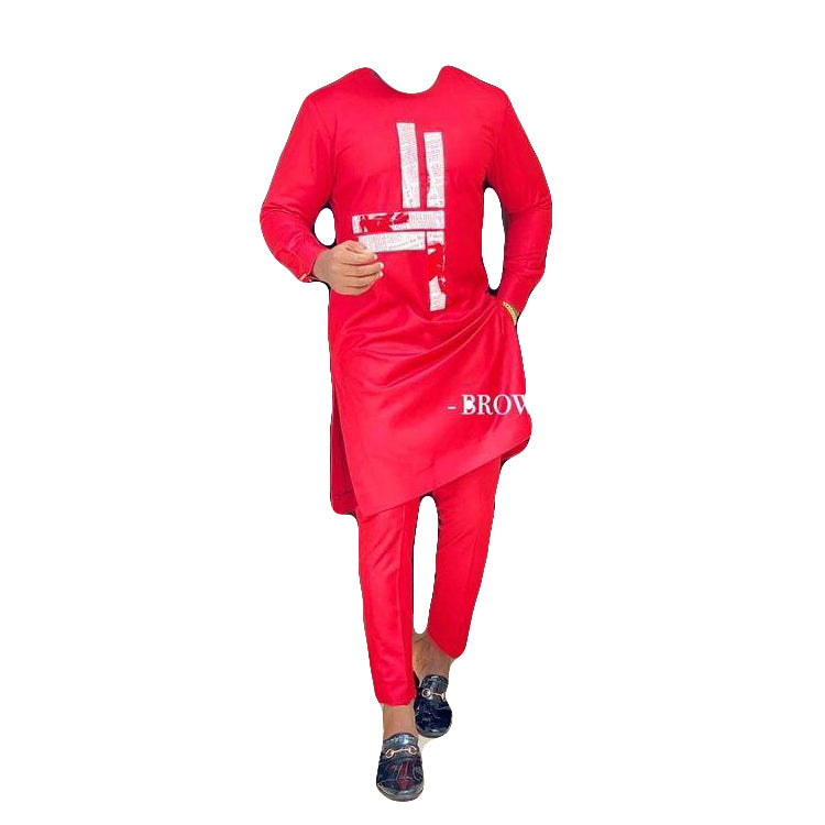 African Men's Wear Cloathing Two Piece Set Long Sleeve Solid Red and White Top Shirt With Matching Trousar