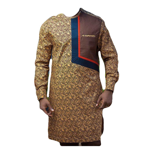 African Men's Wear Outfits Long Sleeve Brown Multicolor Blue Striped Top Shirt