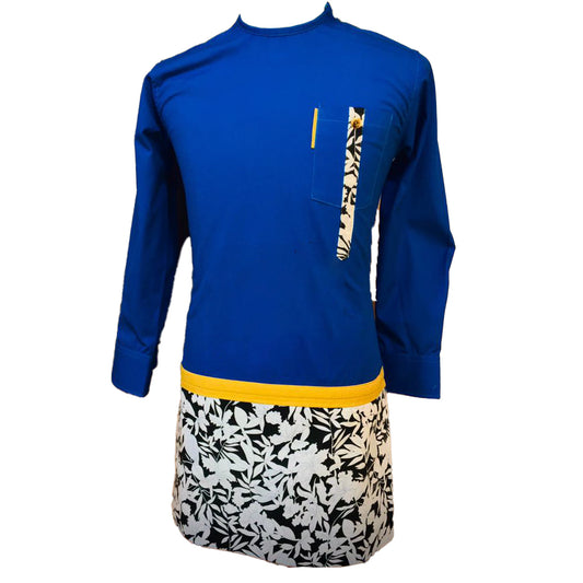 African Outfit Men's Stylish Blueberry Blue Flower Printed Long Sleeve Top Shirt