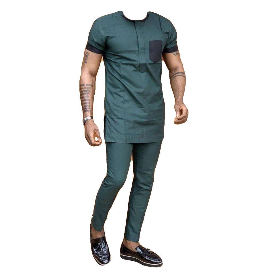 African Clothing Men's Two Piece Set Marble Blue Short Sleeve Top Shirt With Trouser