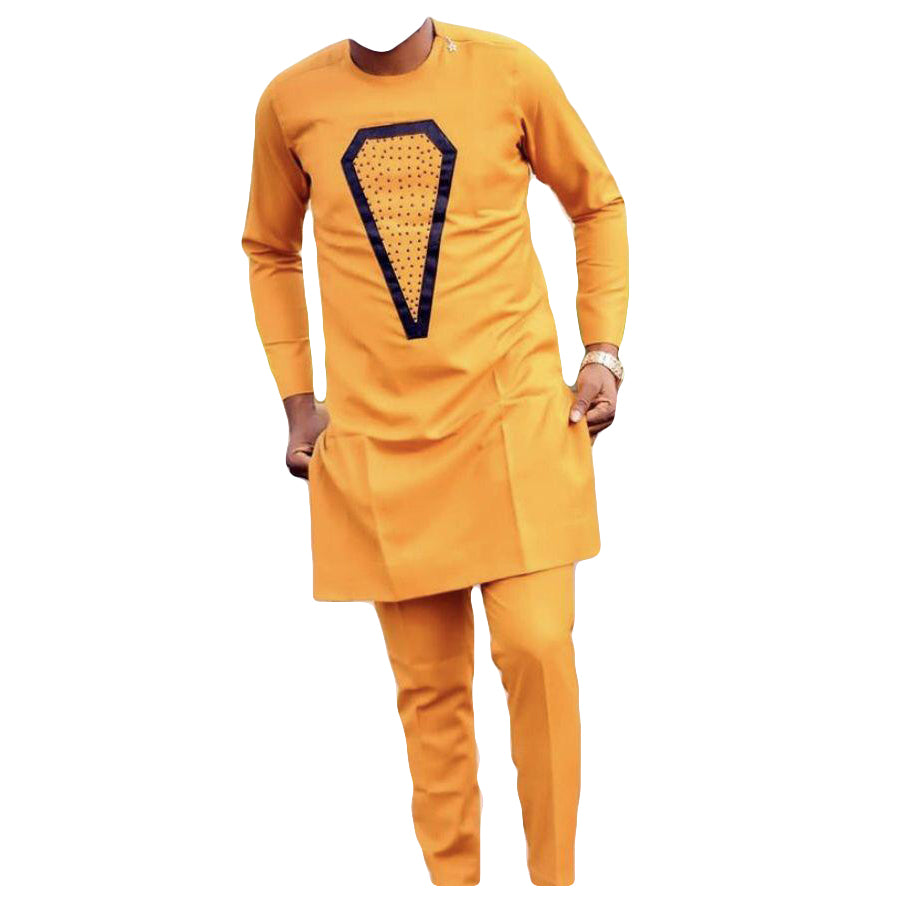 African Clothing Men's Two Piece Set Yellow Chest Print Long Sleeve Top Shirt With Trouser