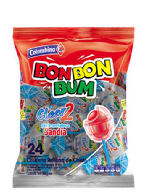 MASBon Bon Bum Clear 2 Watermelon Lollypops 24 Count Box of 15-Fd