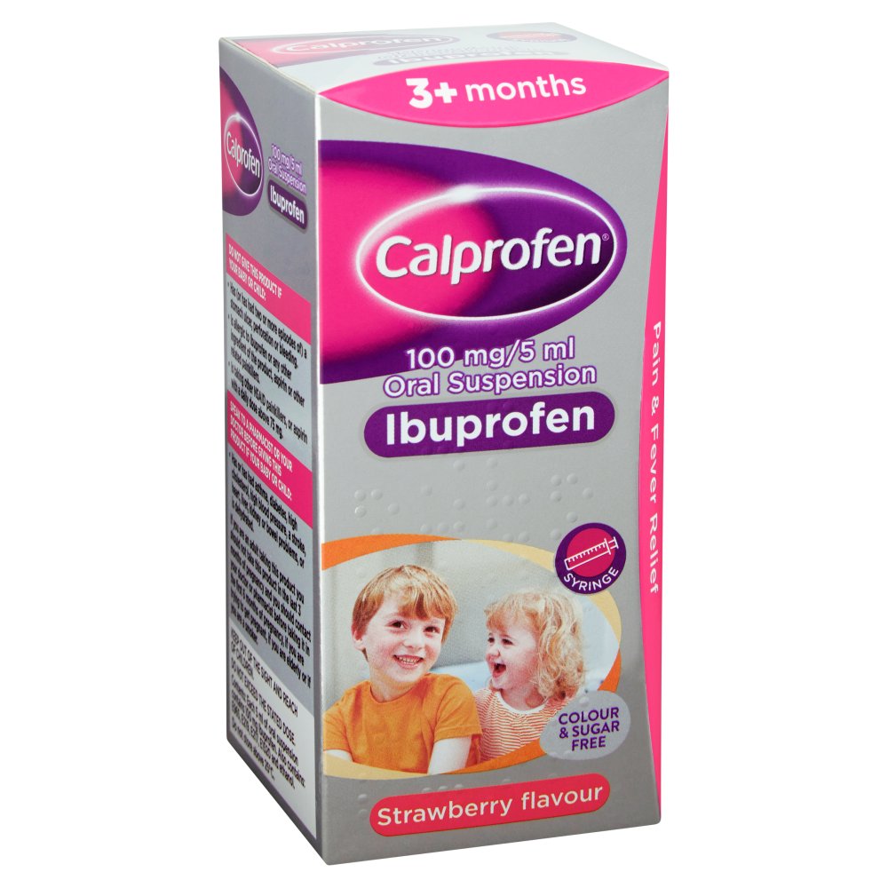 Calprofen 100mg/5ml Oral Suspension Ibuprofen Strawberry Flavour 3+ Mo ...