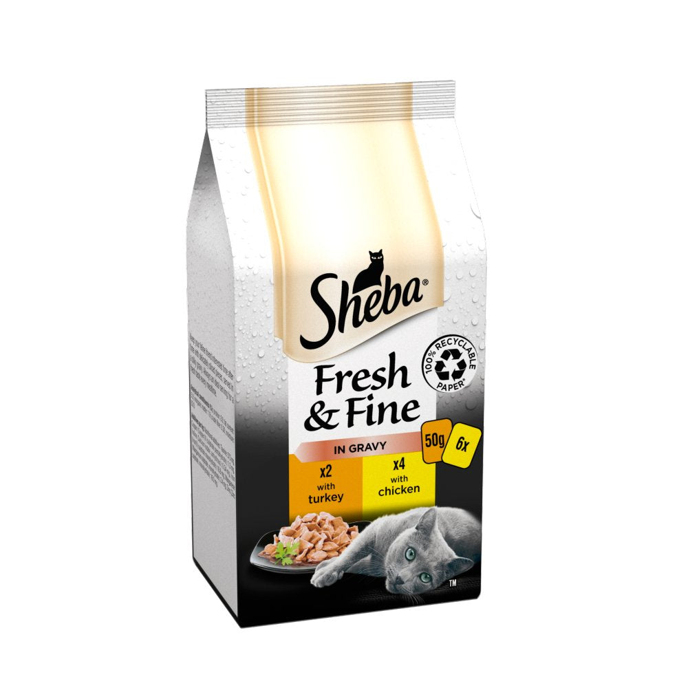 Sheba Fresh & Fine Wet Cat Food Pouches Chicken & Turkey in Gravy 6 x 50g-Food
