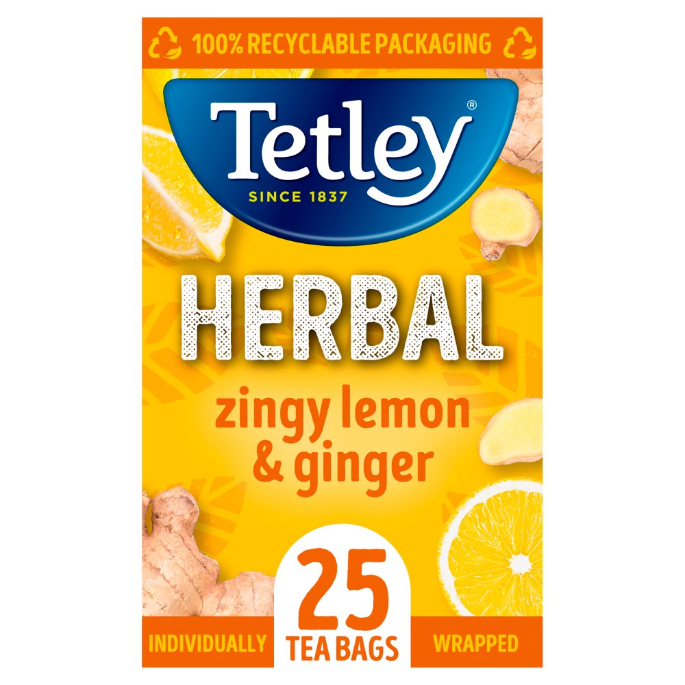 Tetley Herbal Zingy Lemon & Ginger 25 Compostable Tea Bags 50g-Food