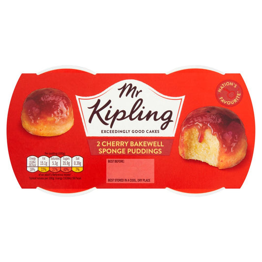 MASMr Kipling Cherry Bakewell Sponge Puddings 2 x 95g-Food
