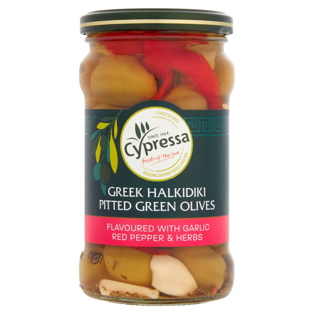 MASCypressa Greek Halkidiki Pitted Green Olives Flavoured with Garlic Red Pepper & Herbs 315g-Food