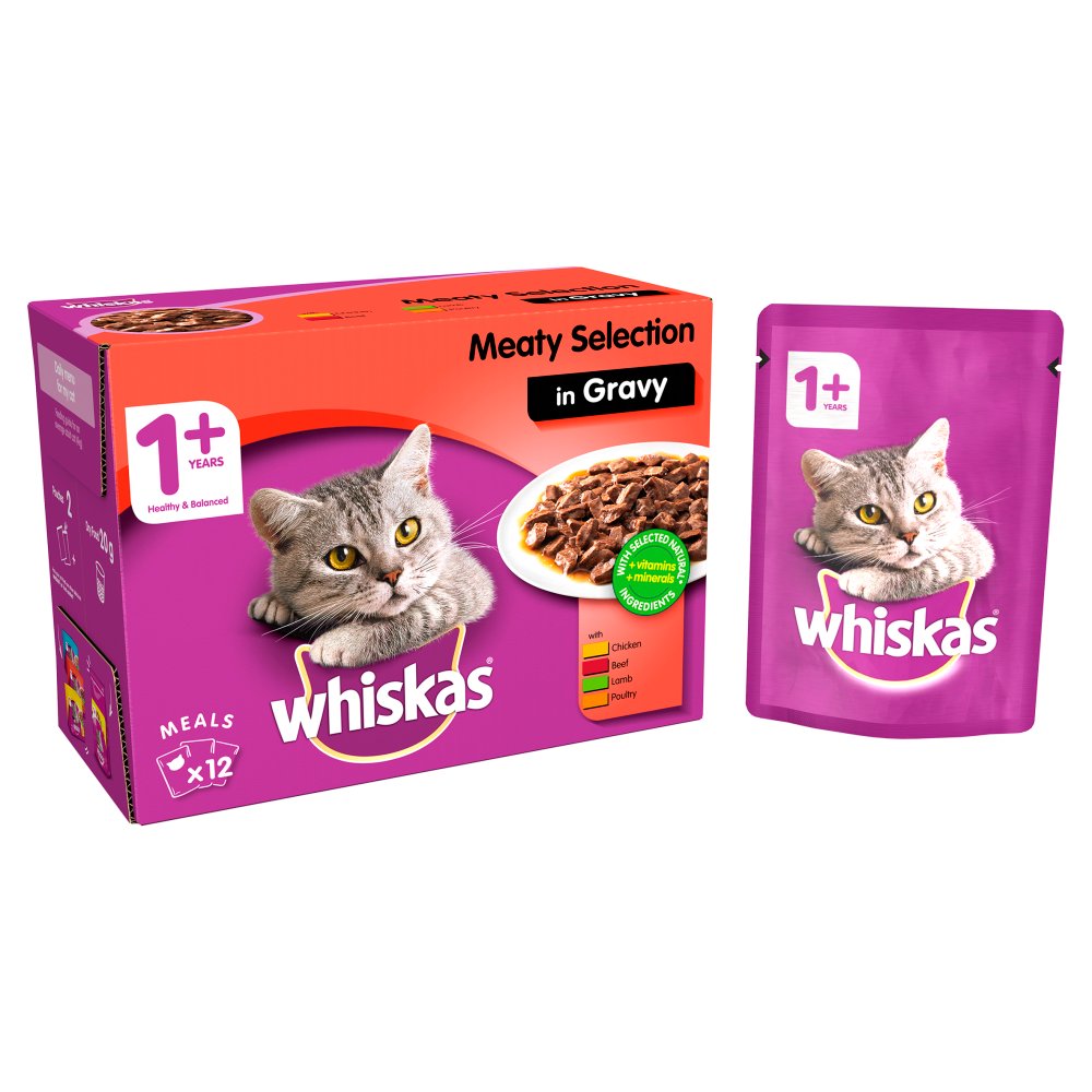 Whiskas Adult Wet Cat Food Pouches Meat in Gravy 12 x 100g-Food