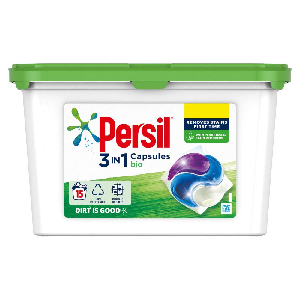 MASPersil Bio 3 in 1 Bio brilliant stain removal Laundry Washing Capsules 100% recyclable tub 15 Wash-Food