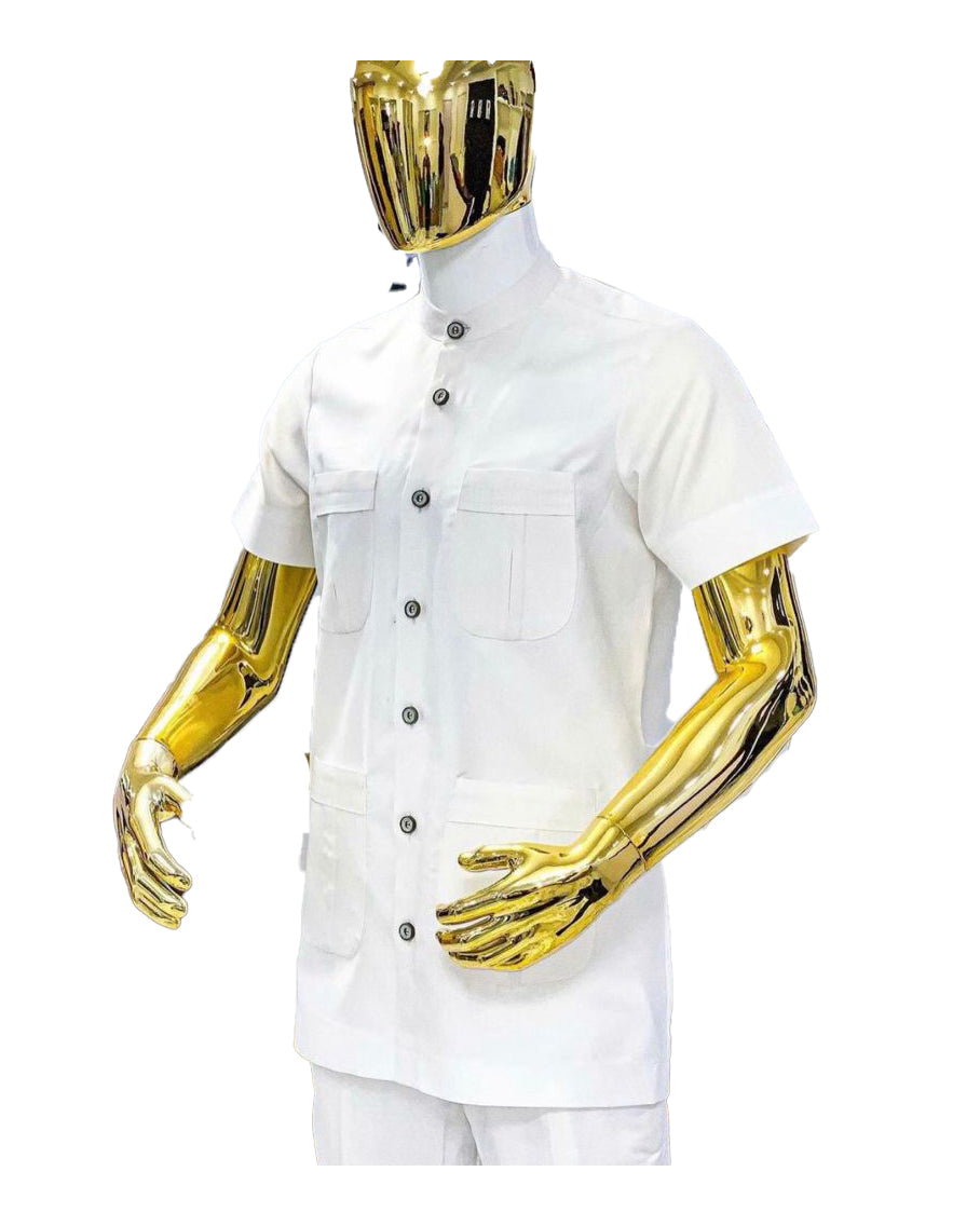 African Art Wear Men Short Sleeve Top Solid White T-Shirt With Buttons