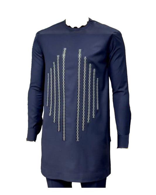 African Art Wear Men Long Sleeve Top Navy Blue & green Stripe shirt