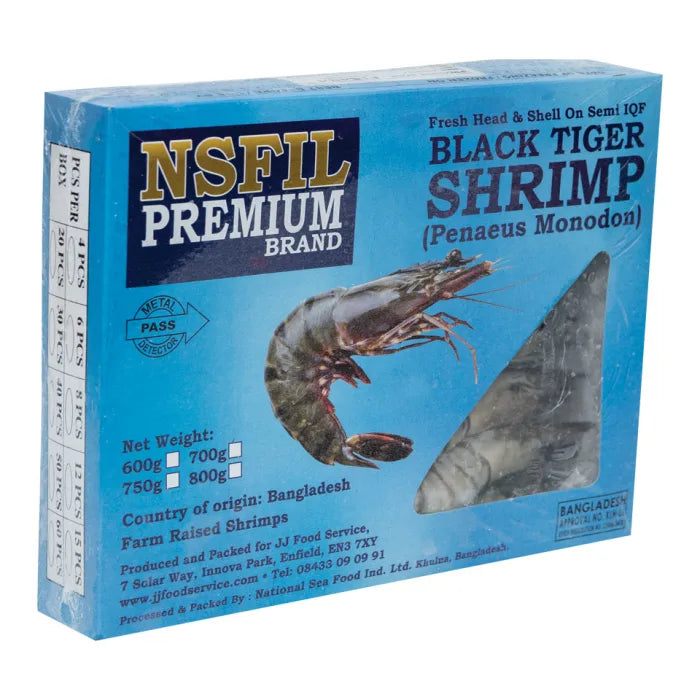 MASNSFIL Premium Semi - IQF Raw HOSO Black Tiger Prawns(13/15, 750g net)-1kg-Food