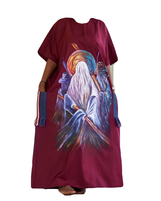 African Art Wear Dresses for Women Maroon Multicolor Stylish Print Summer Short Sleeve Top Long Maxi