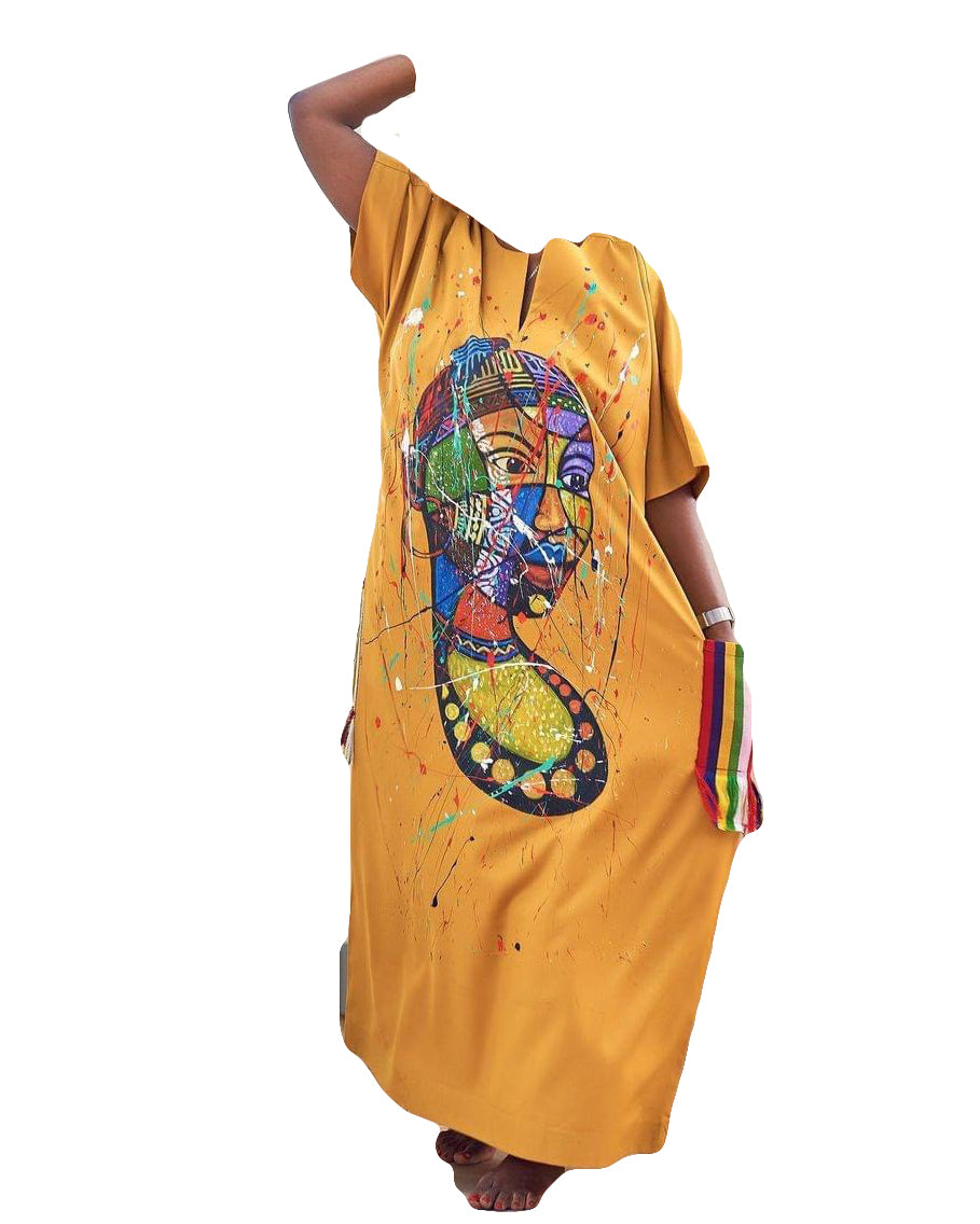 African Art Wear Outfit Women Unique Design Yellow  Print Short Sleeve summer top loose fashion Long T-shirt With Pocket