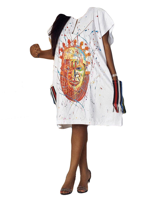 African Art Wear Outfit Women design White Multicolor Print Design Short Sleeve summer top loose fashion Long T-shirt With Pocket