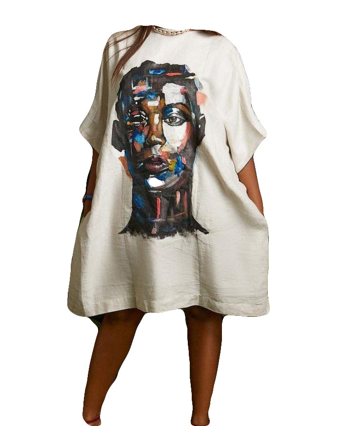 African Art Wear Outfit Women White  Casual Lady Print Short Sleeve summer top design loose fashion Long T-shirt