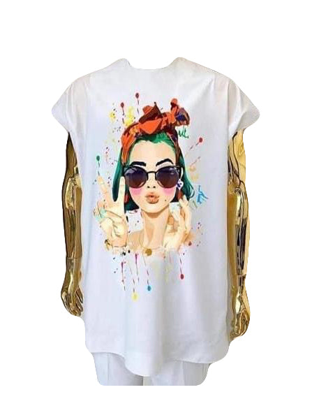 African Women's Art Wear White Lady Print Short Sleeve T-Shirt