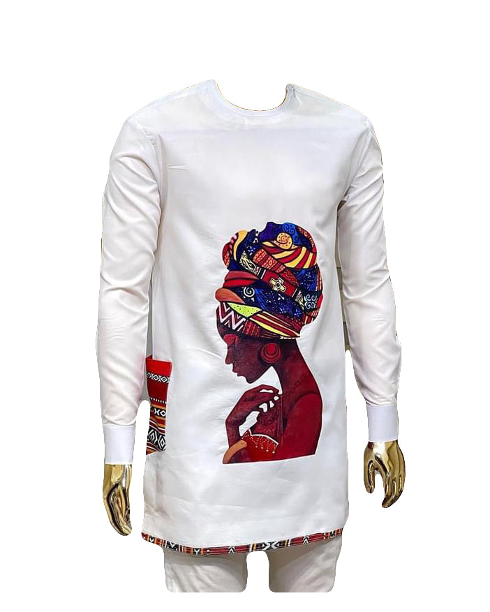 African Men's Art Wear White Print Long Sleeve Top Shirt