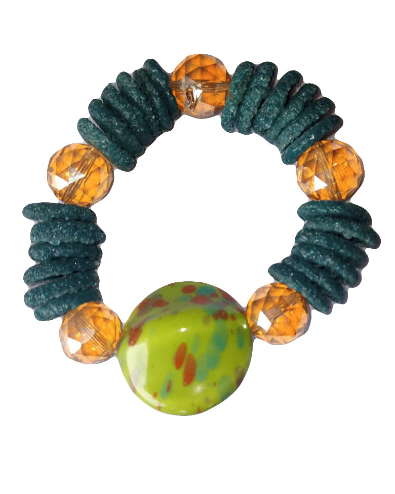 African Handicraft Beaded Tribal Art Unique Design Green Golden & Dark Blue Grey Stone Print Bracelet