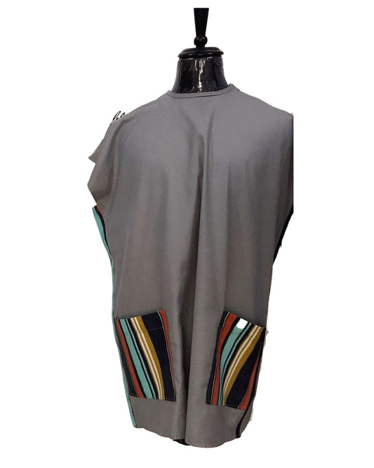 African Art Wear Men Short Sleeve Top Natural Grey Front Pockets T-shirt